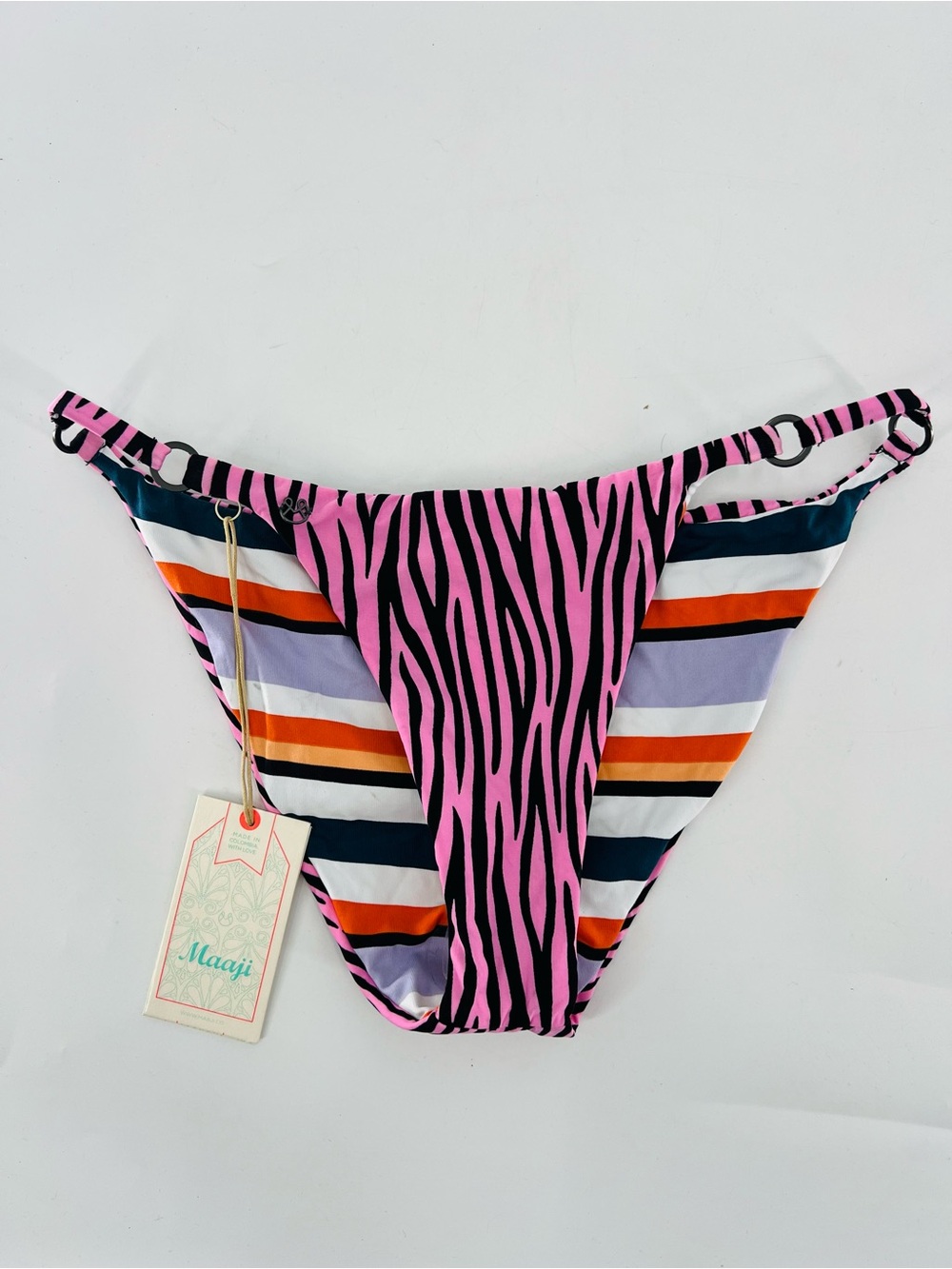 NWT Maaji Pink Zebra Stripe Bikini Bottom Size M O-Ring Hardware